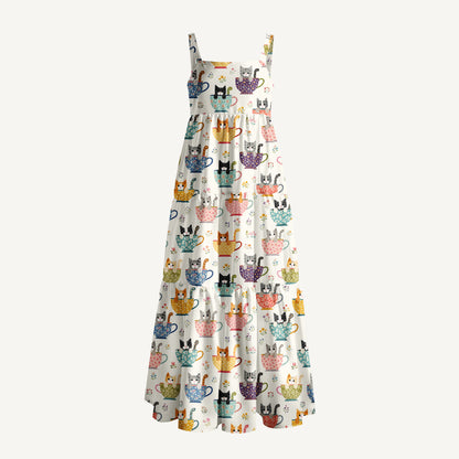 Perler Bead Cat Print Wide Straps Maxi Dress With Pockets