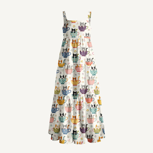 Perler Bead Cat Print Wide Straps Maxi Dress With Pockets