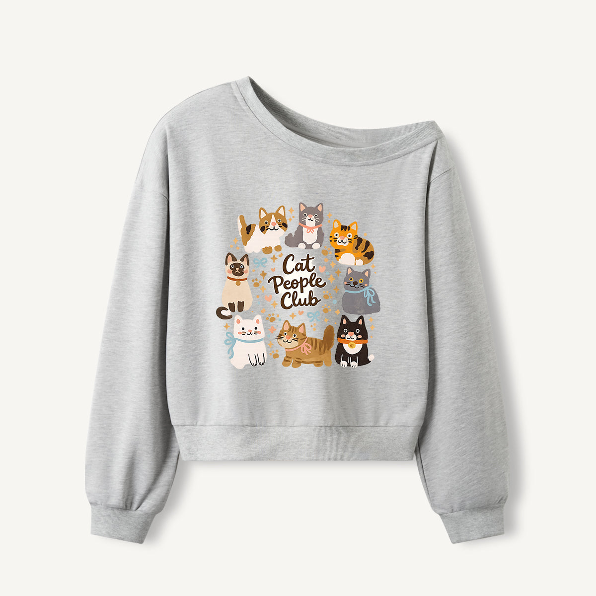 Cat People Club Print Off Shoulder Sweatshirts