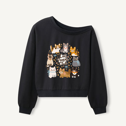 Cat People Club Print Off Shoulder Sweatshirts