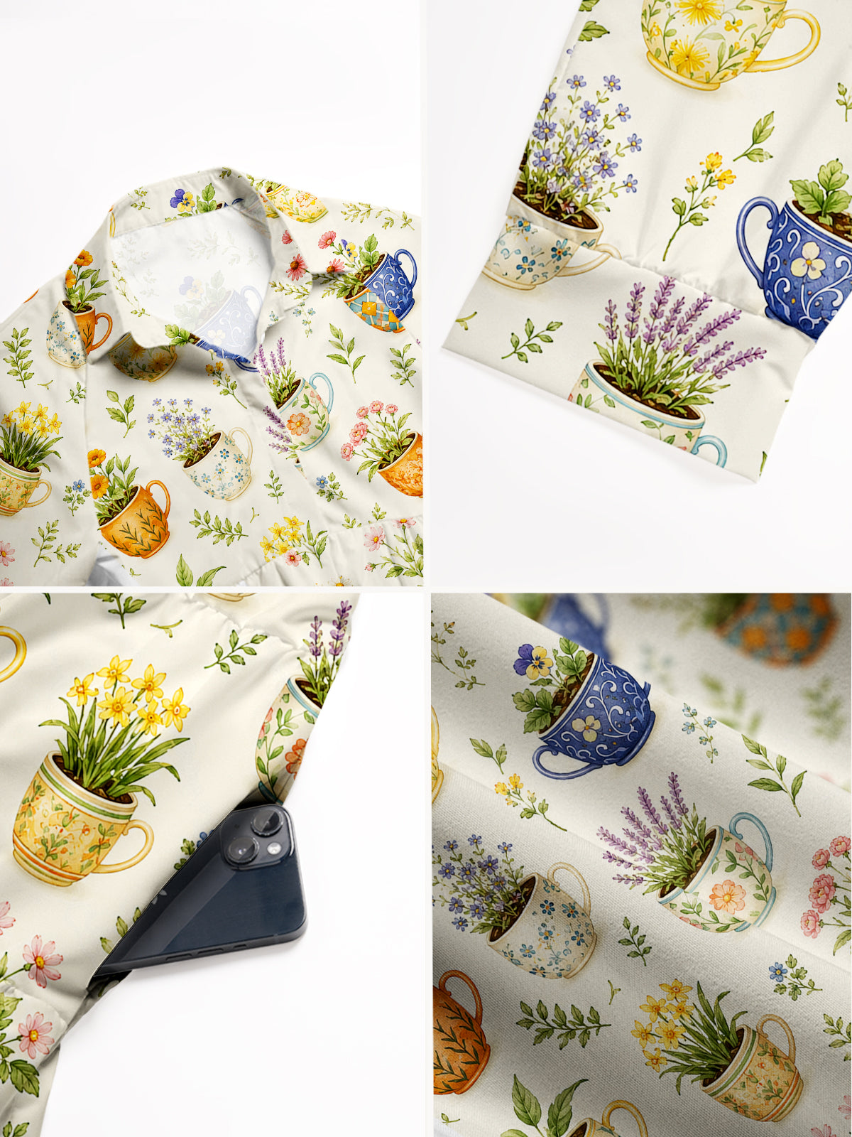 V Neck Collared Whimsical Teacup Garden Print Casual Midi Dress With Pockets