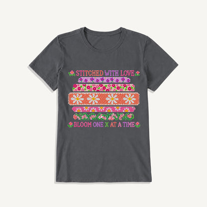 Floral Cross-Stitch Sampler Print Crew Neck Cotton Tee