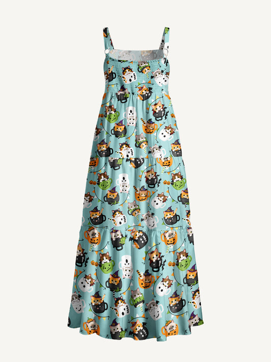 Mint Pumpkin Kitty Halloween Fun Print Wide Straps Maxi Dress With Pockets