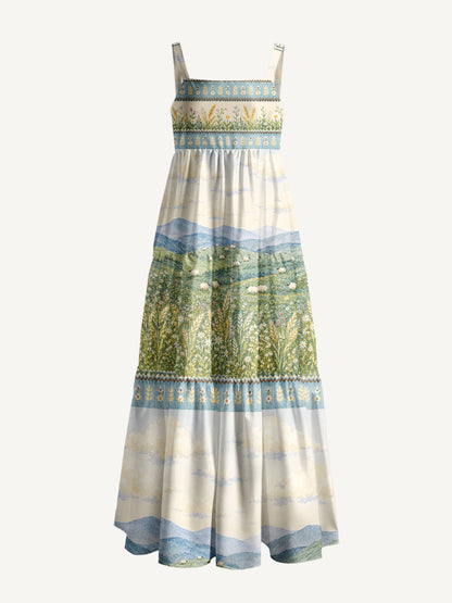 Cream Countryside Cow Border Print Wide Straps Maxi Dress With Pockets