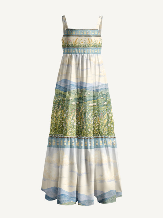 Cream Countryside Cow Border Print Wide Straps Maxi Dress With Pockets