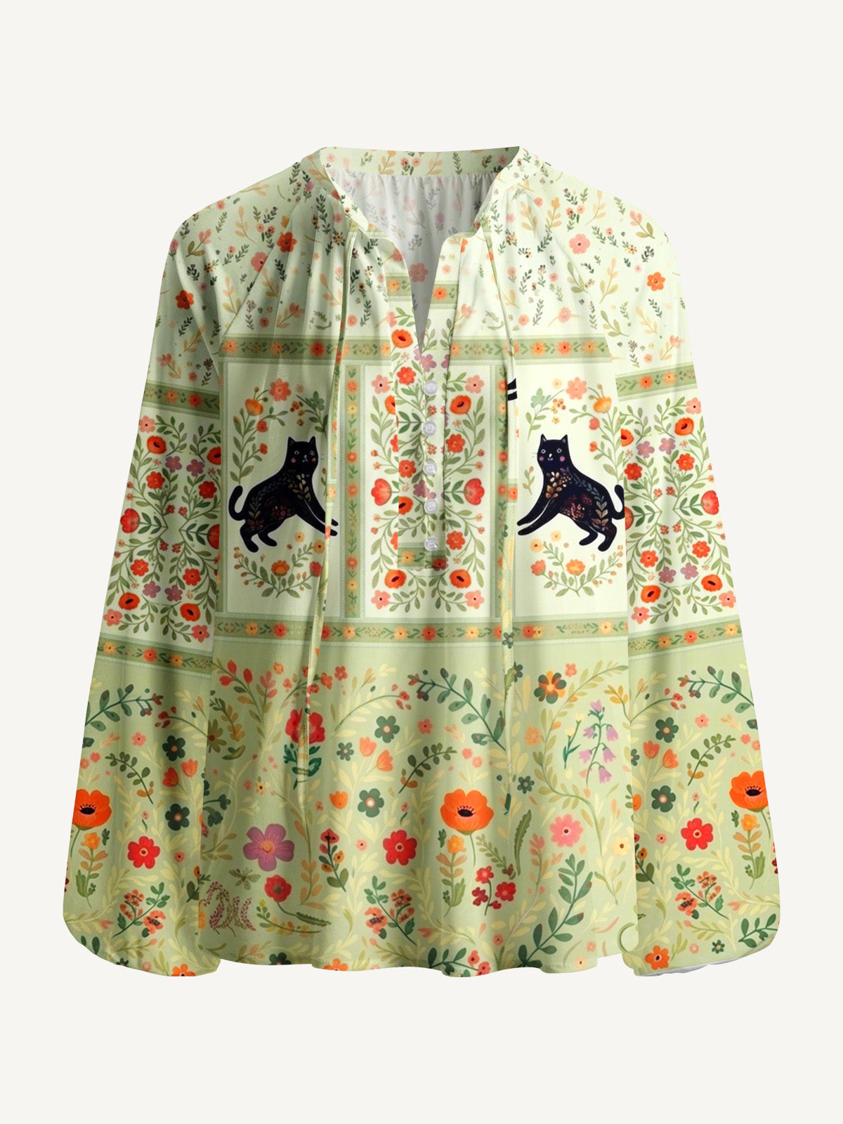Cream Garden Black Cat Print Boho Long Sleeve Tie‑Neck Blouse