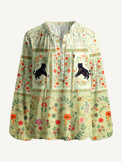 Cream Garden Black Cat Print Boho Long Sleeve Tie‑Neck Blouse