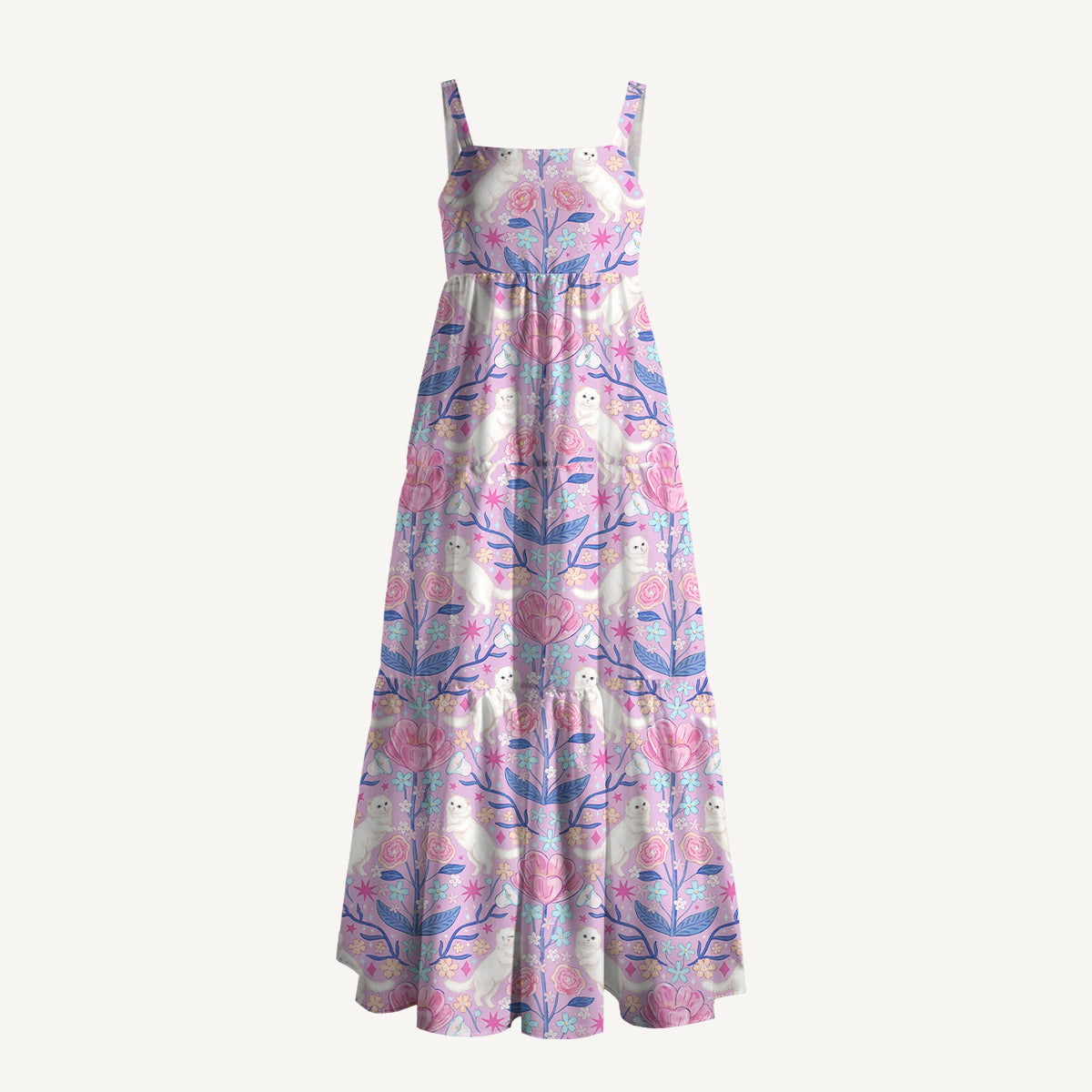 Cute White Cat Print Wide Straps Maxi Dress With Pockets