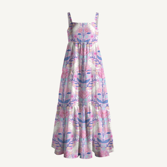 Cute White Cat Print Wide Straps Maxi Dress With Pockets