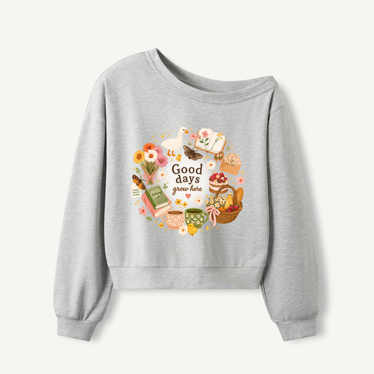Good Days Grow Print Off Shoulder Sweatshirts