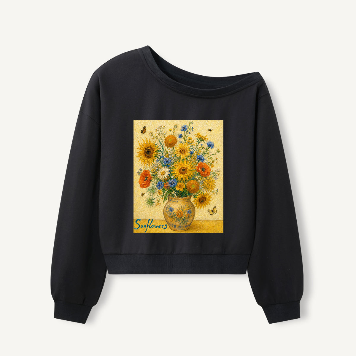 Sunflower Bouquet Print Off Shoulder Sweatshirts