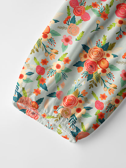 Flower Cat Print Boho Long Sleeve Tie‑Neck Blouse