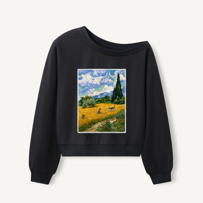 Starry Cat Meadow Print Off Shoulder Sweatshirts