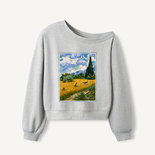 Starry Cat Meadow Print Off Shoulder Sweatshirts