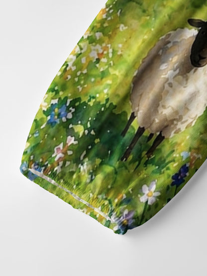 Spring Meadow Sheep and Blossoms Landscape Print Boho Long Sleeve Tie‑Neck Blouse