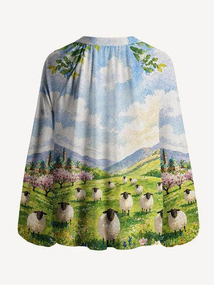 Spring Meadow Sheep and Blossoms Landscape Print Boho Long Sleeve Tie‑Neck Blouse