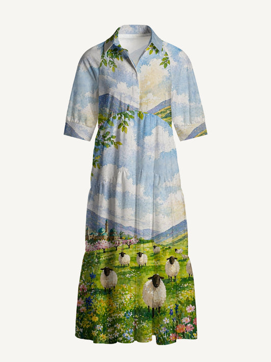 V Neck Collared Spring Meadow Sheep and Blossoms Landscape Print Casual Midi Dress With Pockets
