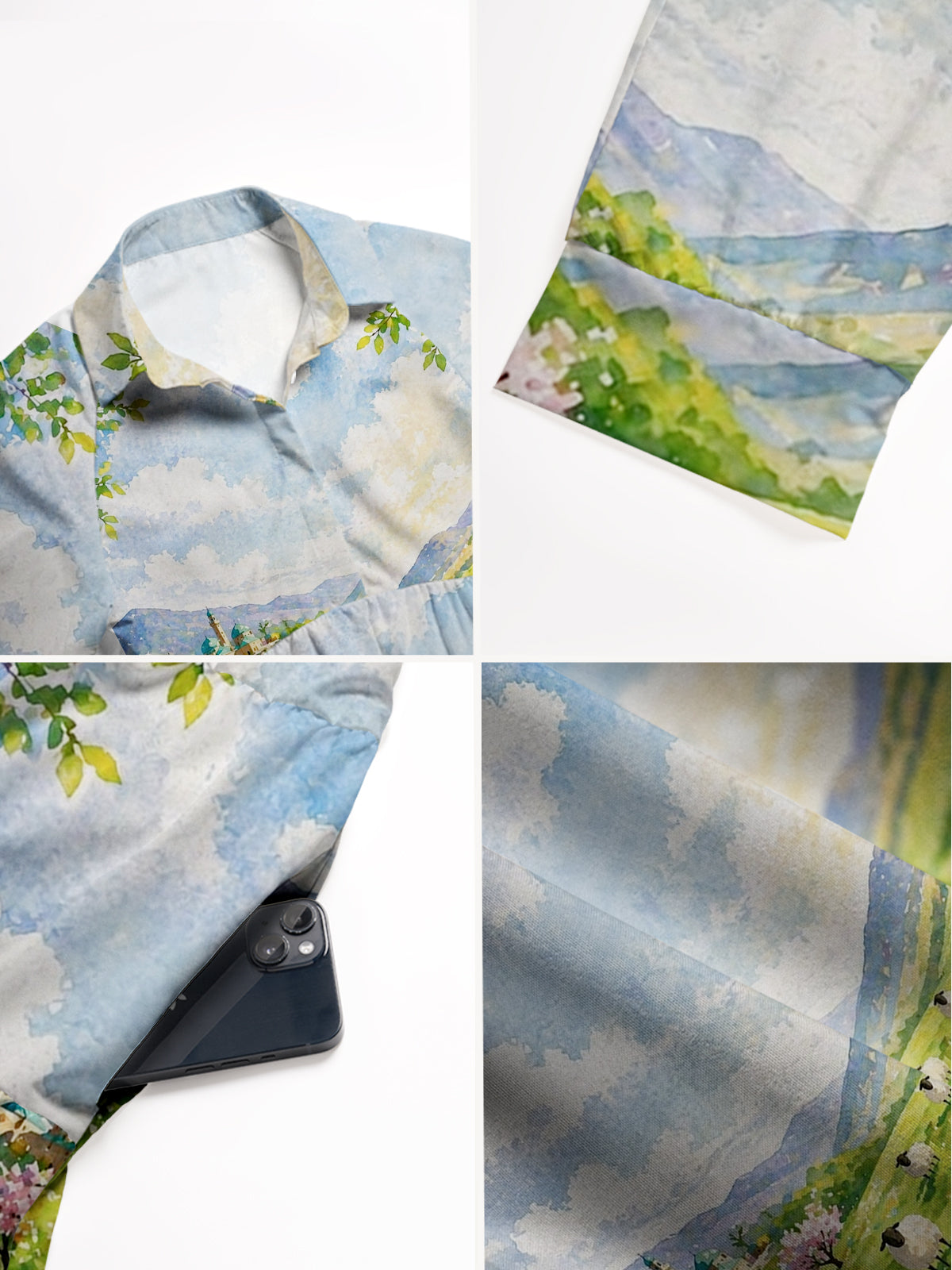 V Neck Collared Spring Meadow Sheep and Blossoms Landscape Print Casual Midi Dress With Pockets