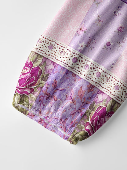 Purple Meadow Vintage Patchwork Print Boho Long Sleeve Tie‑Neck Blouse