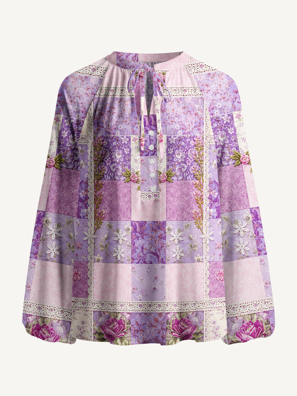 Purple Meadow Vintage Patchwork Print Boho Long Sleeve Tie‑Neck Blouse