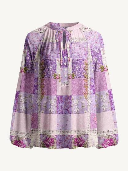Purple Meadow Vintage Patchwork Print Boho Long Sleeve Tie‑Neck Blouse
