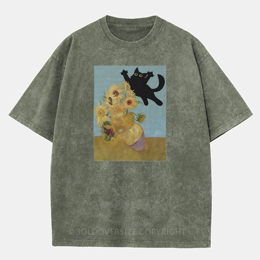 Vintage Cat Sunflowers Washed T-Shirt