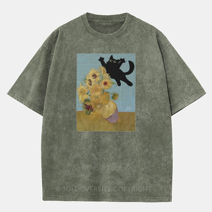 Vintage Cat Sunflowers Washed T-Shirt