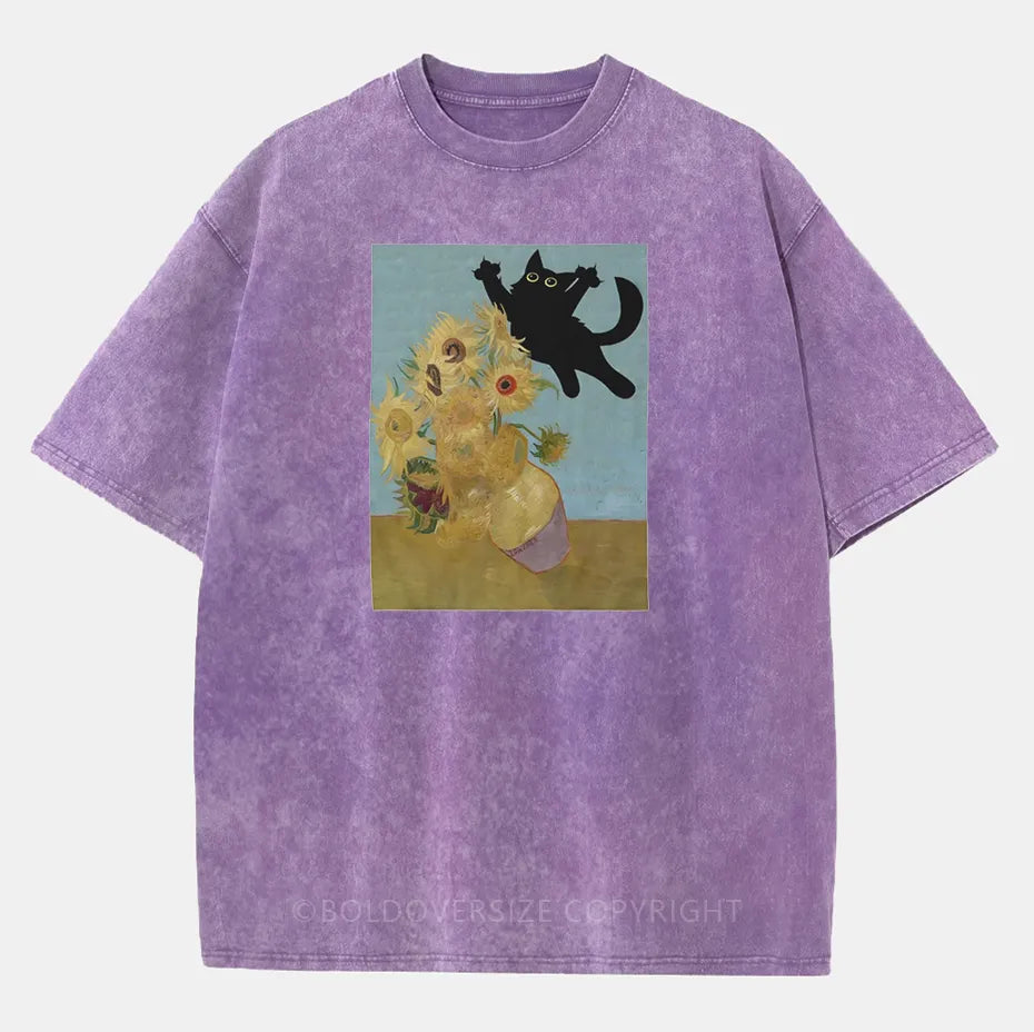 Vintage Cat Sunflowers Washed T-Shirt