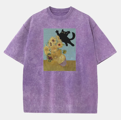 Vintage Cat Sunflowers Washed T-Shirt