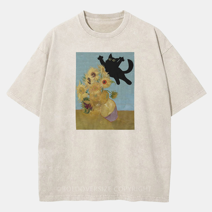 Vintage Cat Sunflowers Washed T-Shirt