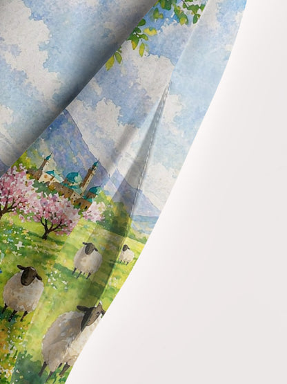 Spring Meadow Sheep and Blossoms Landscape Print Wide Straps Maxi Dress With Pockets
