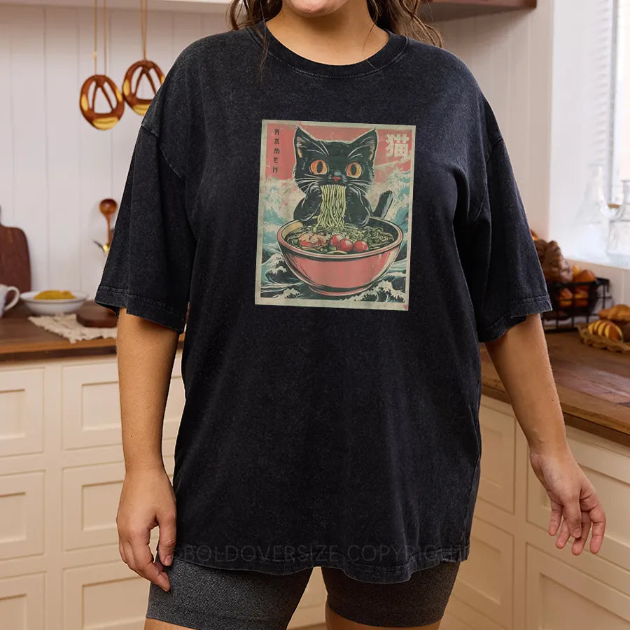 Vintage Cat Ramen  Washed T-Shirt