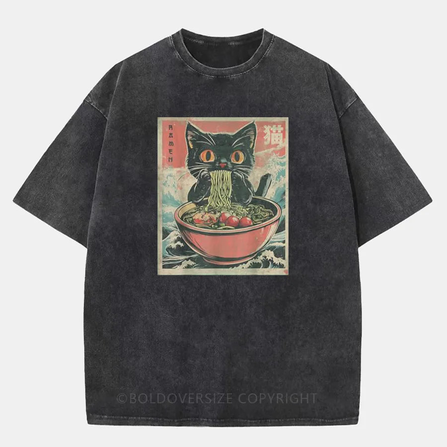 Vintage Cat Ramen  Washed T-Shirt
