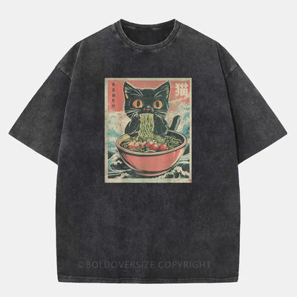 Vintage Cat Ramen  Washed T-Shirt