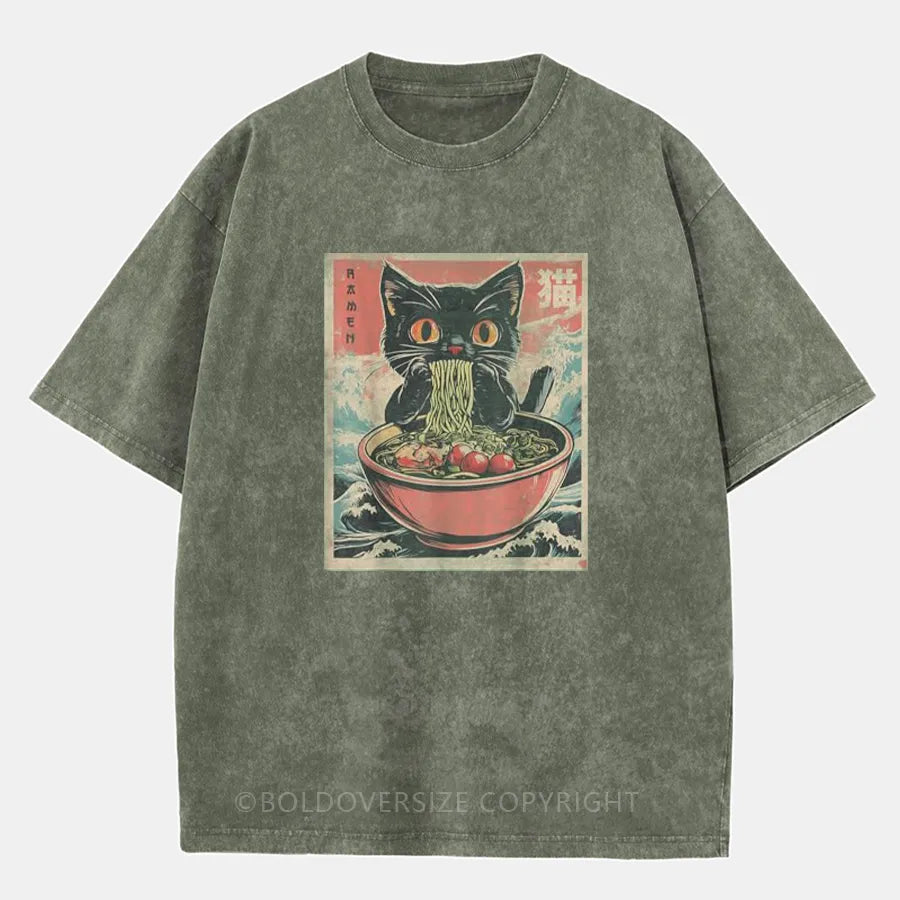 Vintage Cat Ramen  Washed T-Shirt