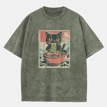 Vintage Cat Ramen  Washed T-Shirt