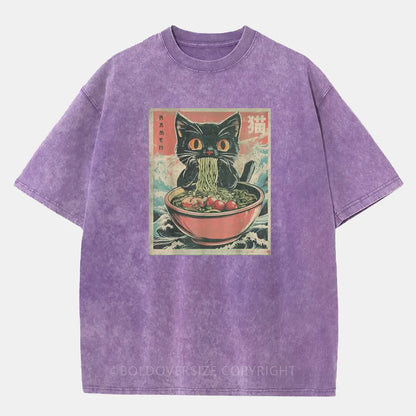 Vintage Cat Ramen  Washed T-Shirt
