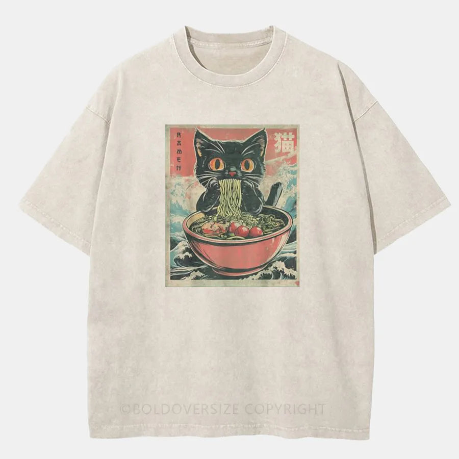 Vintage Cat Ramen  Washed T-Shirt