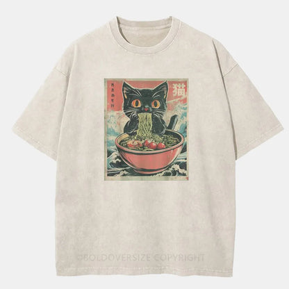 Vintage Cat Ramen  Washed T-Shirt