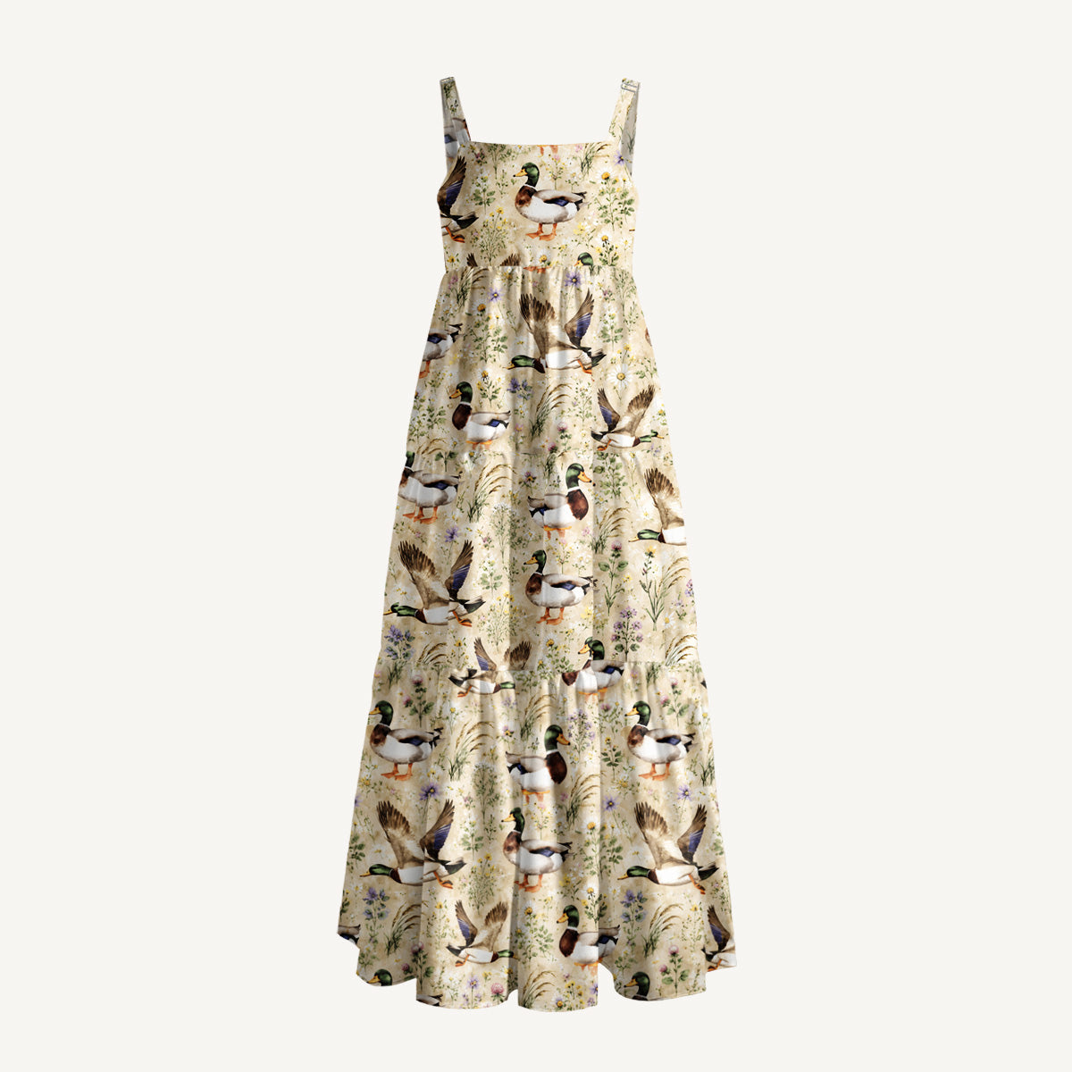 Watercolor Mallard Ducks Print Wide Straps Maxi Dress With Pockets