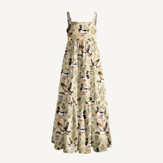 Watercolor Mallard Ducks Print Wide Straps Maxi Dress With Pockets
