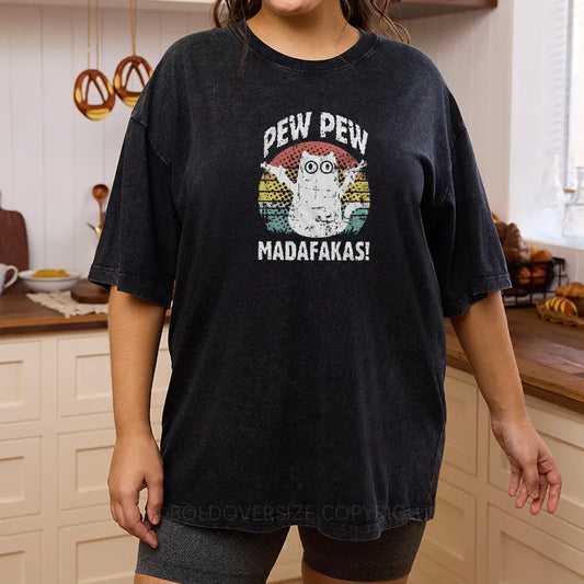 Vintage Funny Cat Pew Pew Washed T-Shirt
