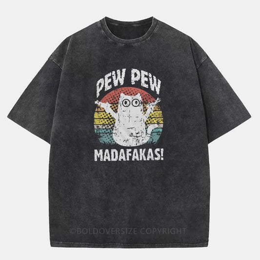 Vintage Funny Cat Pew Pew Washed T-Shirt