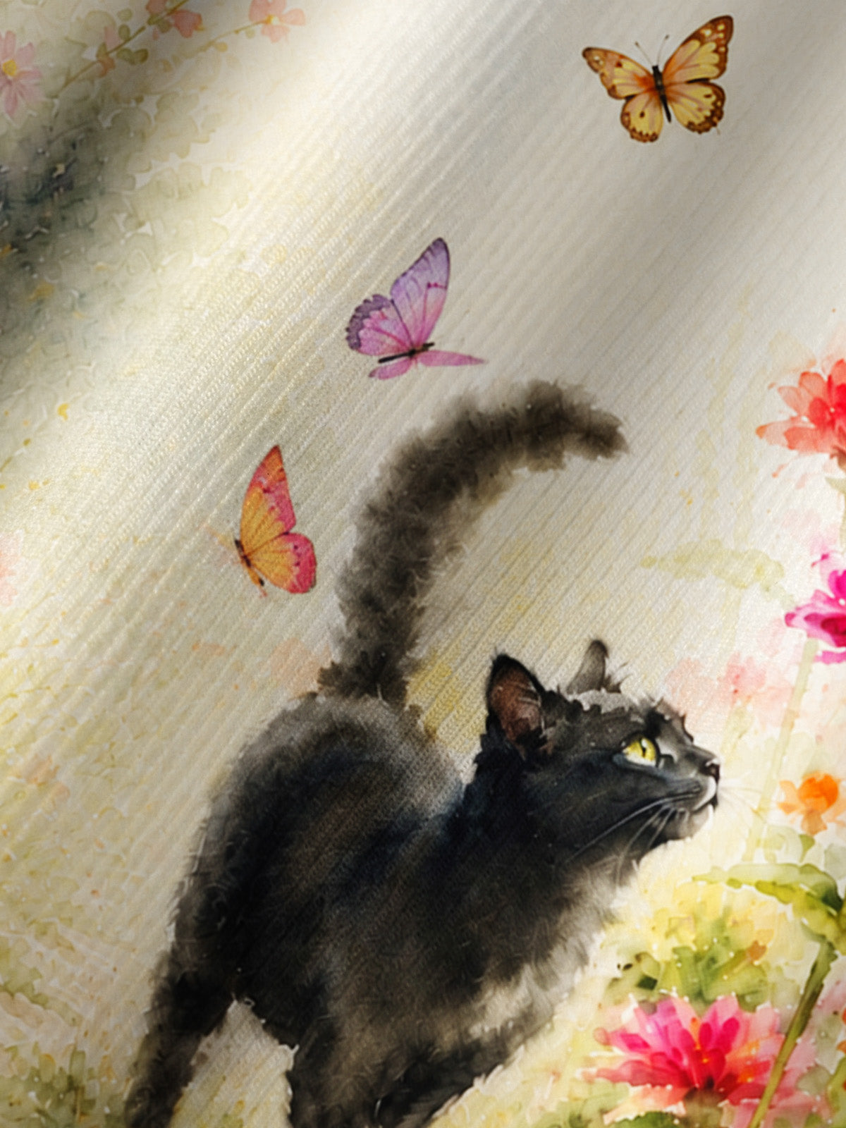 Black Cat in Blooming Garden Watercolor Print Boho Long Sleeve Tie‑Neck Blouse
