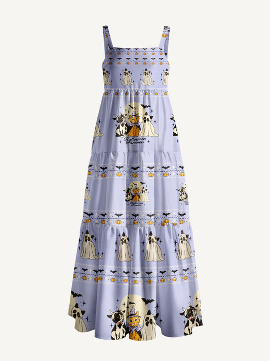 Halloween Cats Forever Print Wide Straps Maxi Dress With Pockets