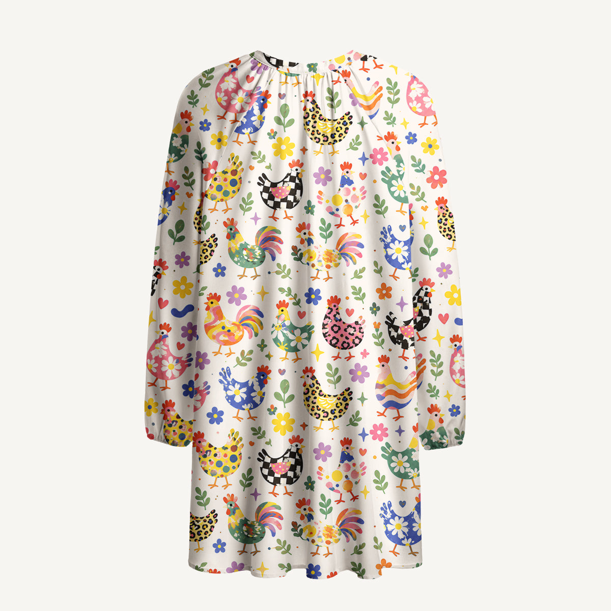 Funky Retro Chicken Print Boho Tie‑Neck Smock Mini Dress