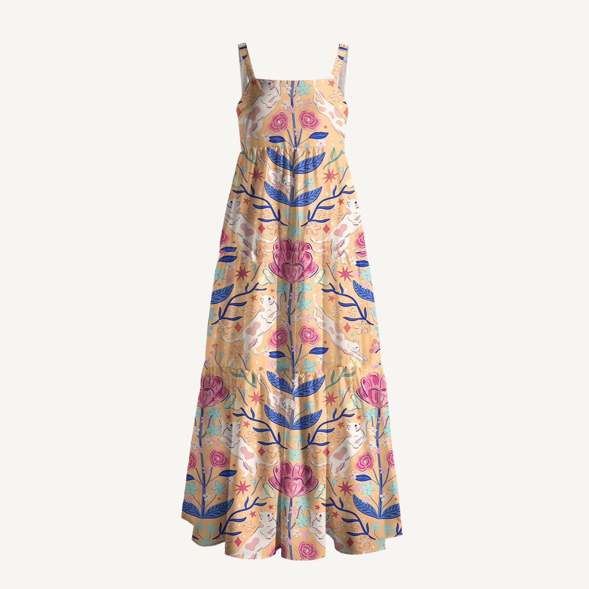 Cat in Secret Garden Print Wide Straps Maxi Dress With Pockets