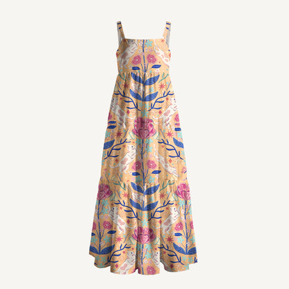 Cat in Secret Garden Print Wide Straps Maxi Dress With Pockets
