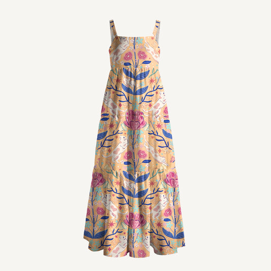 Cat in Secret Garden Print Wide Straps Maxi Dress With Pockets