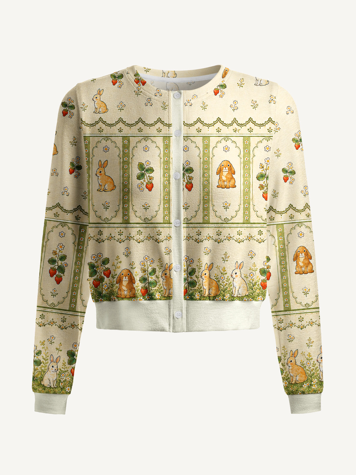 Lightweight Crew Neck Long‑Sleeve Cropped Bunnyberry Garden Print Fine‑Knit Cardigan